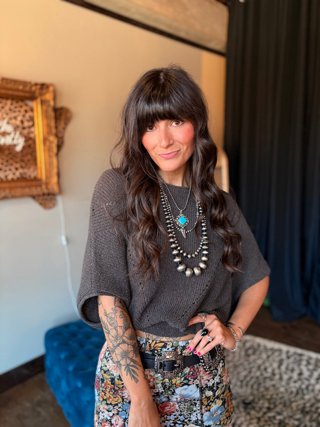 Warm Charcoal Kimono Sleeve Sweater Top