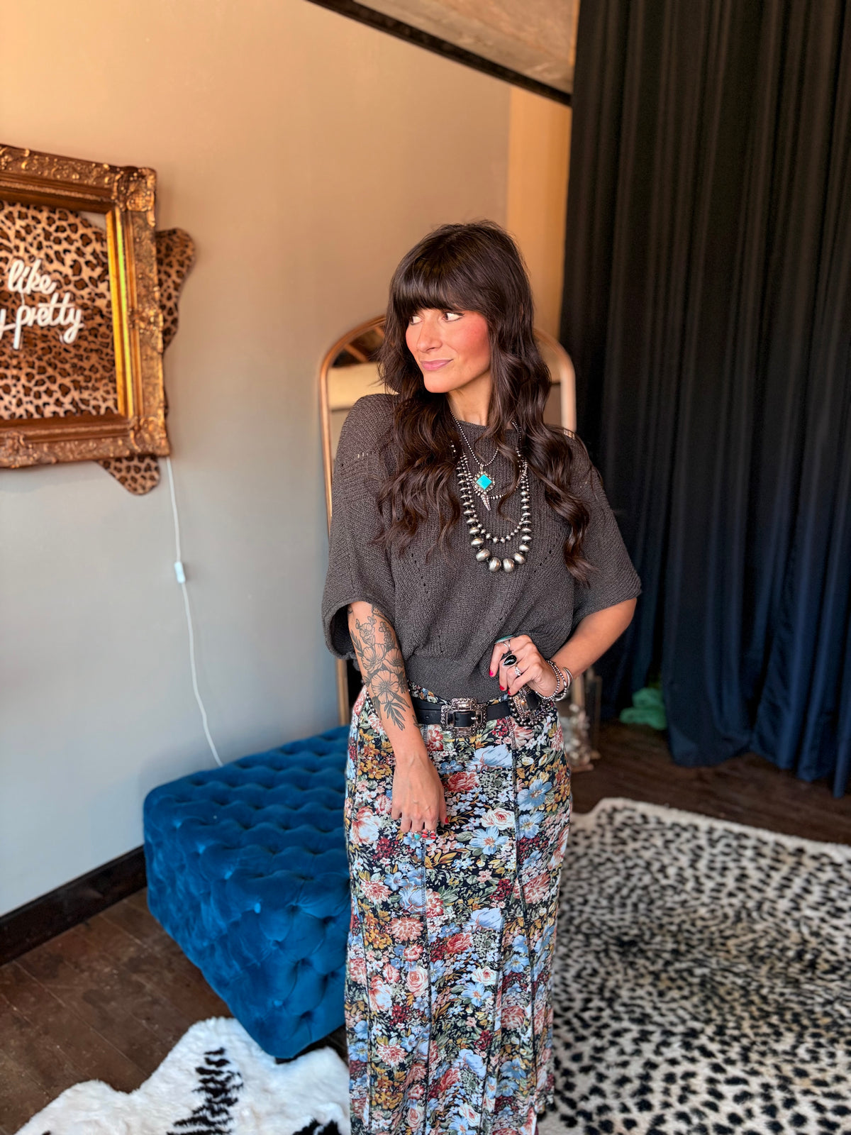 Warm Charcoal Kimono Sleeve Sweater Top