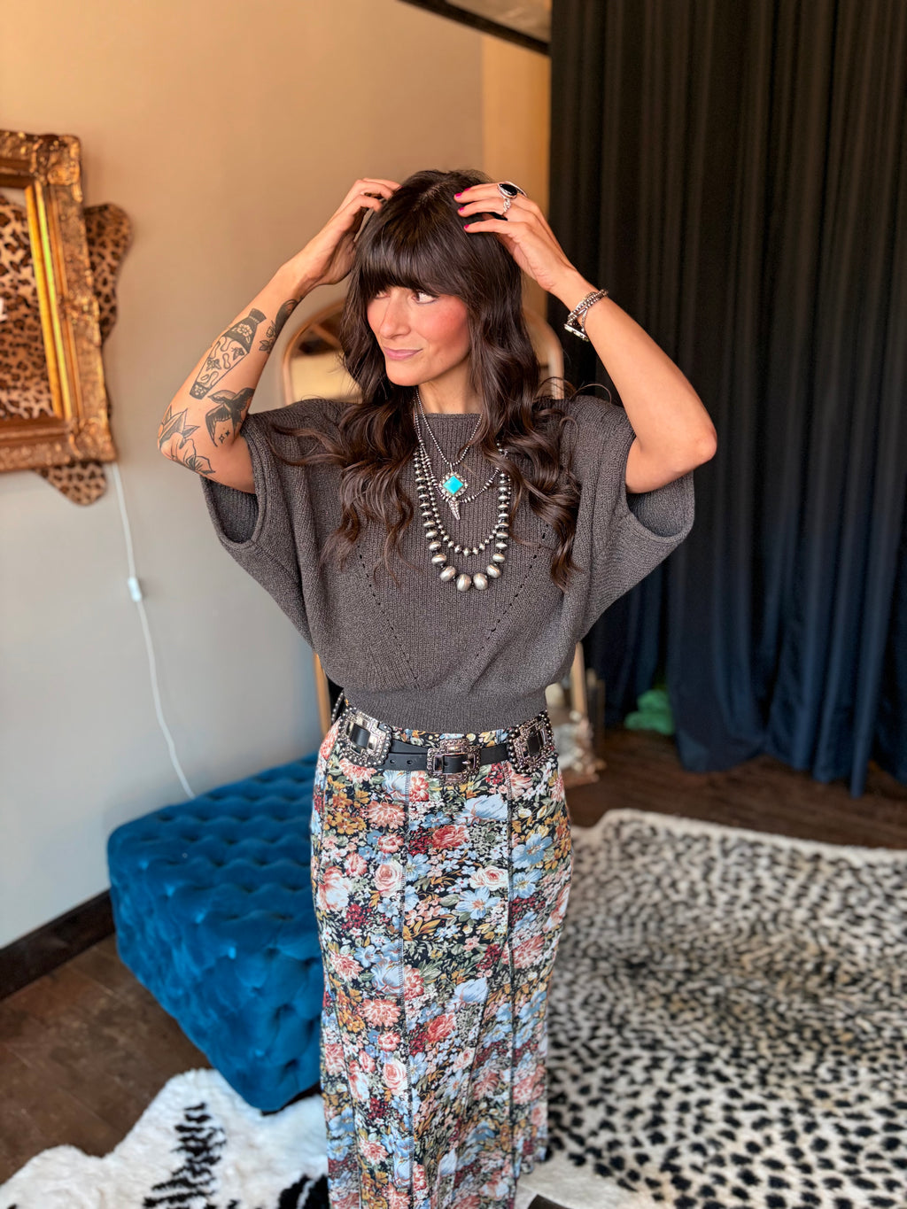 Warm Charcoal Kimono Sleeve Sweater Top