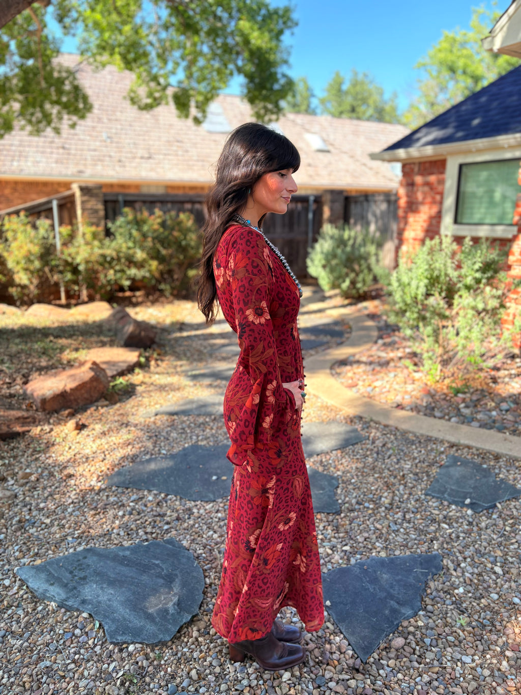 Animal Print Floral Bell Sleeve Maxi Dress