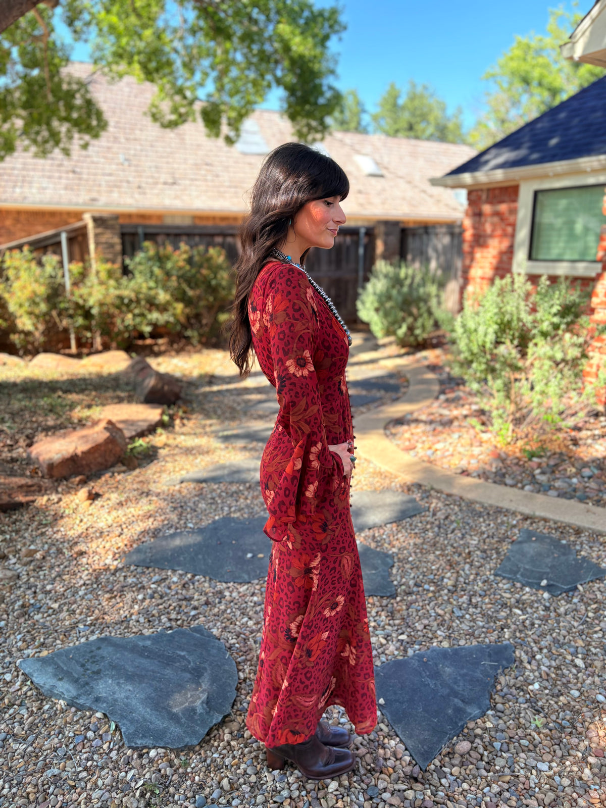 Animal Print Floral Bell Sleeve Maxi Dress