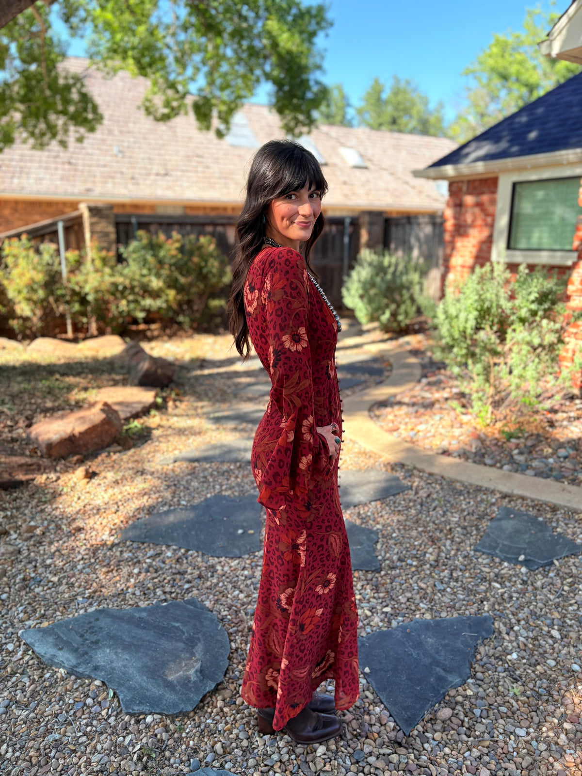 Animal Print Floral Bell Sleeve Maxi Dress