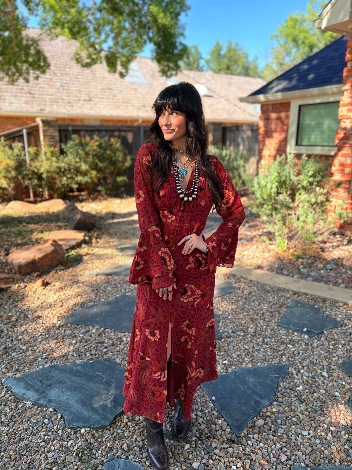 Animal Print Floral Bell Sleeve Maxi Dress