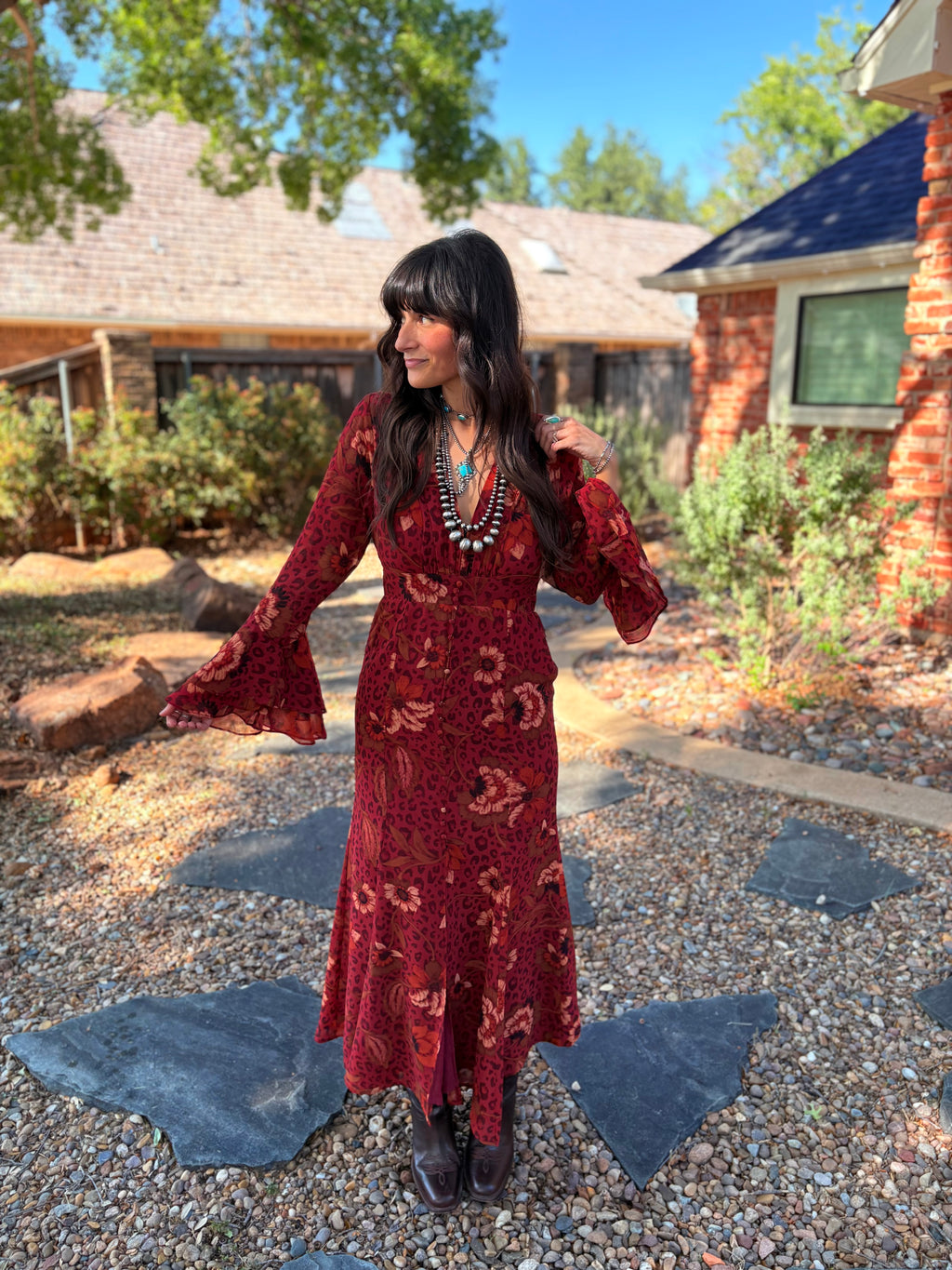 Animal Print Floral Bell Sleeve Maxi Dress