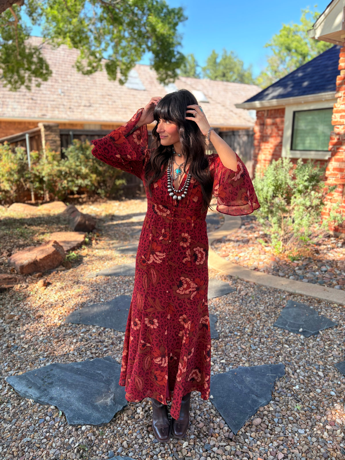 Animal Print Floral Bell Sleeve Maxi Dress
