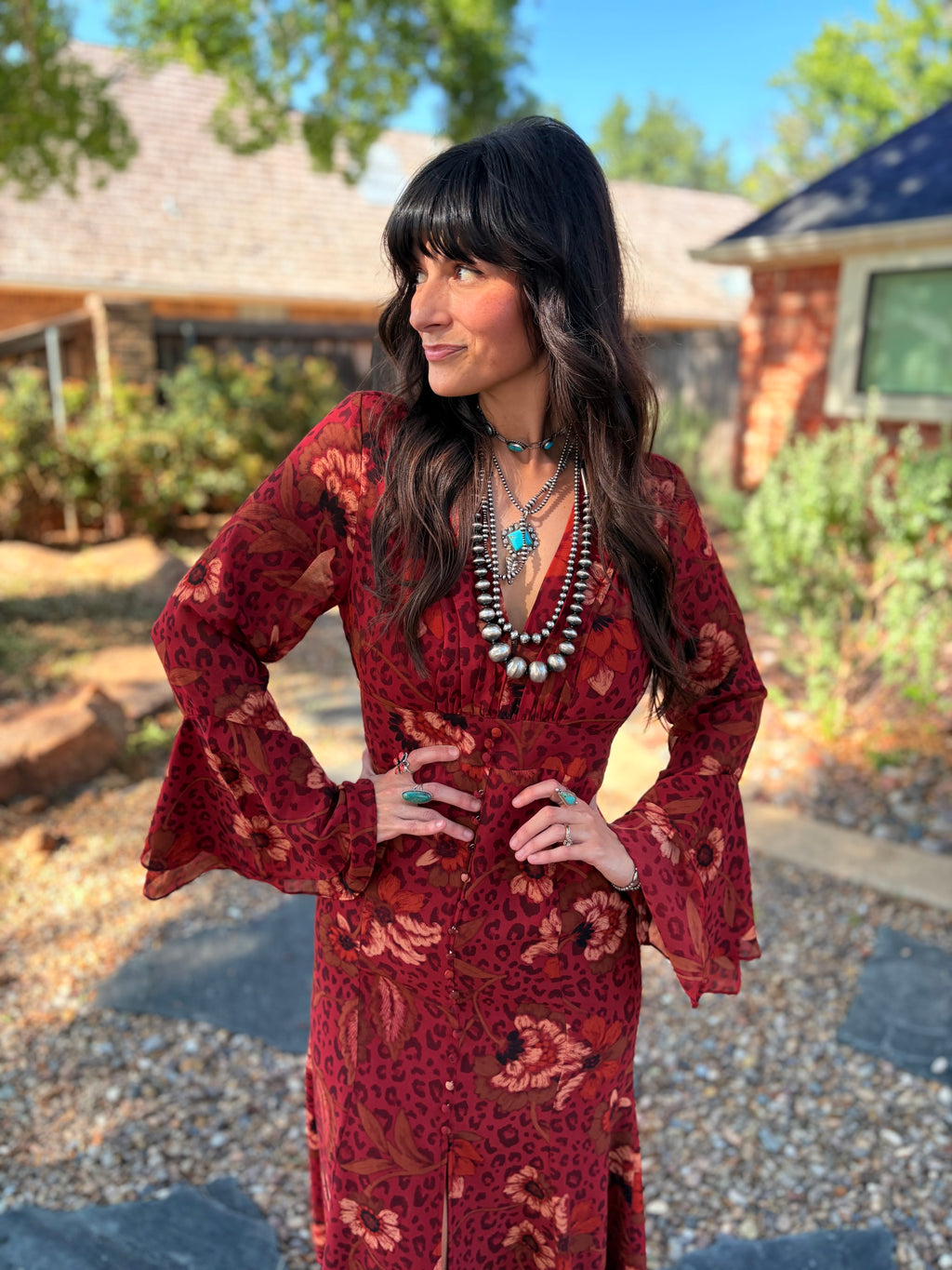 Animal Print Floral Bell Sleeve Maxi Dress